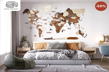 Save 62% on 3D Wooden Map with 9 Photo Frames and Flag Pins 
